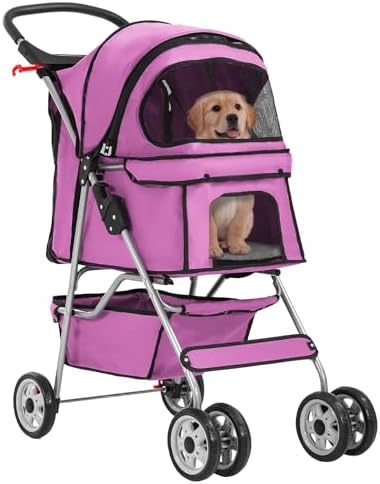 FDW | 4-Wheel Foldable Pet Stroller | Pink | Lightweight & Portable