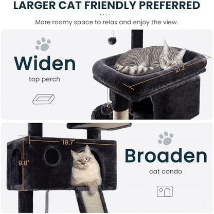 SHA CERLIN 65in Larger Cat Tree Tower Condo for Indoor Kitties/Multi-Level Furniture Activity Center with Wide Base/Cozy Plush Cat Perches/Baskets/Sisal Scratching Posts and Hammock/Dark Grey