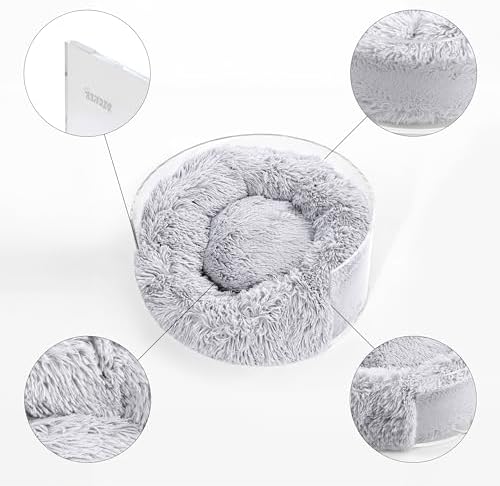 CBD2000A Bette 20.75" x 20.75" Small/Medium Modern Lucite Calming Fluffy Donut Pet Bed with Washable Cover, Light Gray/Clear