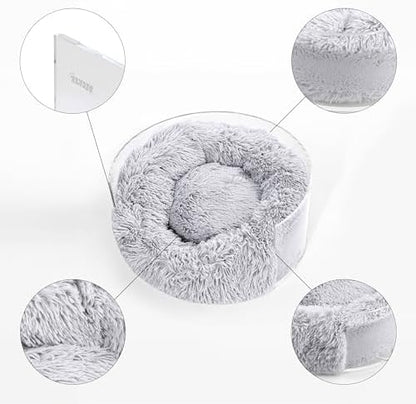 CBD2000A Bette 20.75" x 20.75" Small/Medium Modern Lucite Calming Fluffy Donut Pet Bed with Washable Cover, Light Gray/Clear