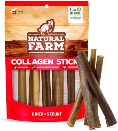 Natural Farm Collagen Sticks 6-Inch Dog Chews - Odor-Free, 95% Natural Collagen Supports Healthy Joints, Skin & Coat - Small, Medium Dogs – Lasts 20% More (6 inch, 5 Pack)