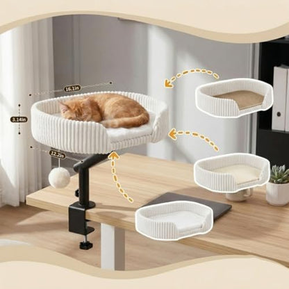 Angoily Cat Bed, Clamp-on Desk Cat Bed with 3 Mat 360 Rotation Perch