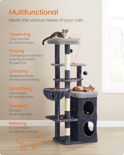 Feandrea Cat Tree Indoor, 60" Multiple-Level Plush Cat Tower, Dark Gray