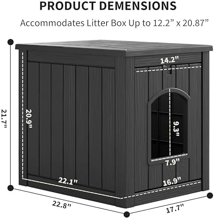 Cat Litter Box Enclosure, Plastic Hidden Litter Box Side Table with Openable Front Door, Waterproof & Weatherproof Cat Box Enclosure Cabinet for Indoor & Outdoor Use (Black)