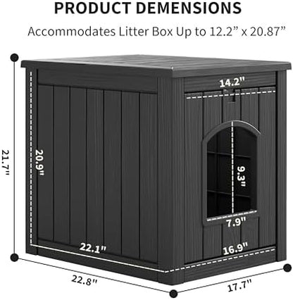 Cat Litter Box Enclosure, Plastic Hidden Litter Box Side Table with Openable Front Door, Waterproof & Weatherproof Cat Box Enclosure Cabinet for Indoor & Outdoor Use (Black)