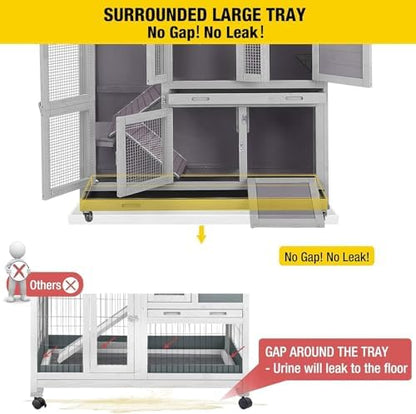 Aivituvin Two Story Rabbit Hutch Bunny Cage with Wheels, Indoor Outdoor Guinea Pig Cage with 2 Deep No Leak Tray