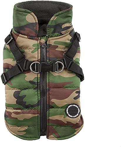 Puppia Mountaineer Winter Dog Coat with integrated harness No Pull Cold Weather Waterproof Warm Fleece Back Zipper for Small & Medium Dog, CAMO, Small