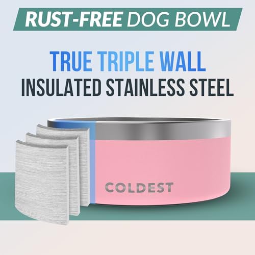 Coldest Dog Bowl - Anti Rust Metal, Non Slip, 3 Layers Insulated Stainless Steel Dog Bowls - Spill Proof & Heavy Duty - Water Bowl for Dogs, Cats & Pets, Dish Washer Safe (100 oz, Cotton Candy Pink)