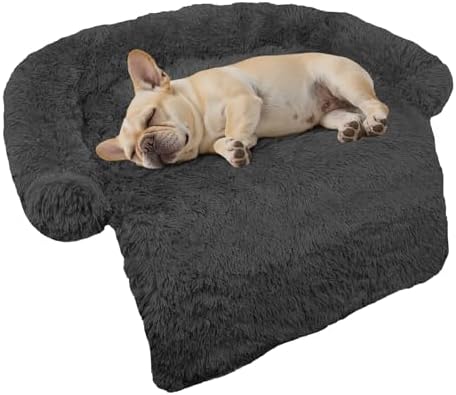 Calming Dog Bed Fluffy Plush Dog Mat for Furniture Protector with Removable Washable Cover for Large Medium Small Dogs and Cats (Small(35x31x5), Dark Grey)