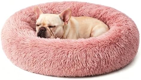 Calming Anti-Anxiety Donuts Dog And Cat Bed, Round Fluffy Soft Washable Small Medium Pet Bed For Puppy And Kitten, Cuddler Warming Comfortable Luxury Anti-Slip Waterproof Mute Base 24in Pink