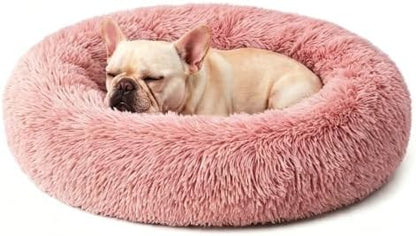 Calming Anti-Anxiety Donuts Dog And Cat Bed, Round Fluffy Soft Washable Small Medium Pet Bed For Puppy And Kitten, Cuddler Warming Comfortable Luxury Anti-Slip Waterproof Mute Base 24in Pink