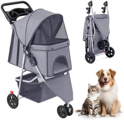 3 Wheel Pet Stroller for Dogs and Cats, Foldable, Lightweight and Durable, Ideal for Small to Medium Pets, Includes Storage Basket and Cup Holders