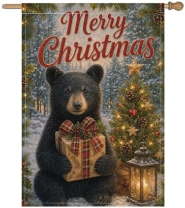 Christmas Black Bear House Flag 28x40 Inch Merry Holiday Cub Gift Tree Lantern Snowy Forest Rustic Farmhouse Outdoor Yard Lawn Porch Double Sided Banner Winter Welcome Decor