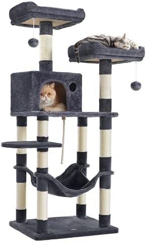 Feandrea Cat Tree, 55.8-Inch Large Cat Tower, Multi-Level Condo, Smoky Gray