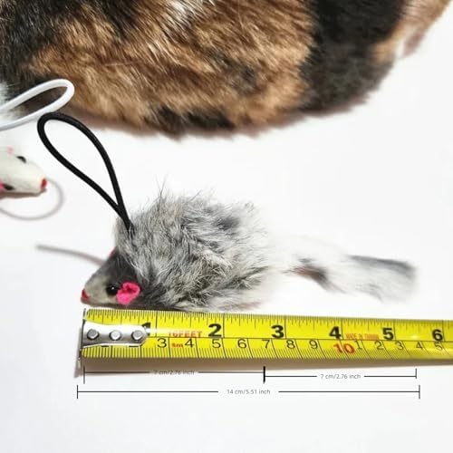 Real Rabbit Fur Interactive Cat Toy Mouse, 5.5" Extra Large Durable Squeaky Toys with Long Tail, Crinkle Sound & Hanging Rope, Self-Play Toys for Indoor Cats (5 Pack Grey/White Color)