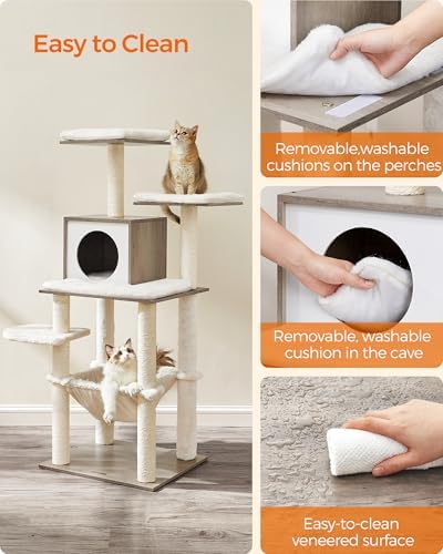 Feandrea Cat Tree, 56.3-Inch Contemporary Cat Tower, Multi-Level Condo