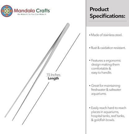Mandala Crafts Stainless Steel 15" Straight Fish Tanks Aquarium Tweezers