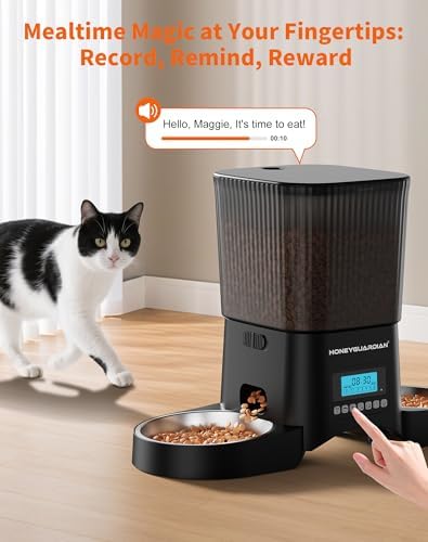 HoneyGuardian Automatic Cat Feeder for 2 Cats, Automatic Cat Food Dispenser, Timed Pet Feeder for Cats and Dogs, Desiccant Bag, Programmable Portion Control,10s Voice Recorder