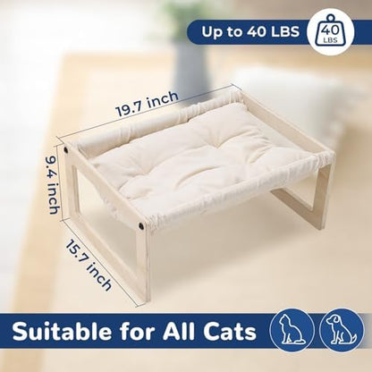 Elevated Cat Bed, Wooden Cat Hammock with Washable Thickened Cozy Cushion