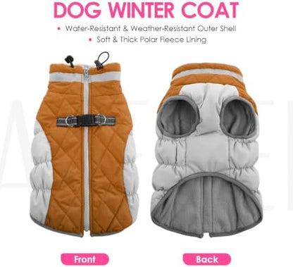 AOFITEE Small Dog Coat Waterproof Dog Winter Jacket with Harness Built in