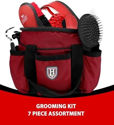 Harrison Howard Horse Grooming Brushes Kit 7 pieces with Organizer Tote Equine Care Series Horse Brush Sets Red