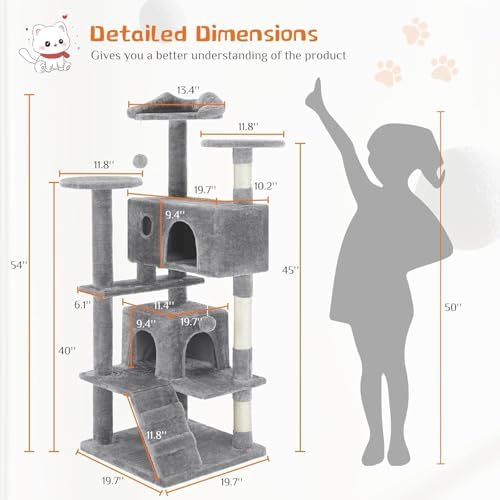 54 Inches Cat Tree Tower Condo Furniture, Cat Tower for Indoor Cats, Cozy Hammock and Sisal Scratching Posts, Multi-Level Durable Cat Scratch Post for Kittens Pet House Play, Detachable Toy, Beige