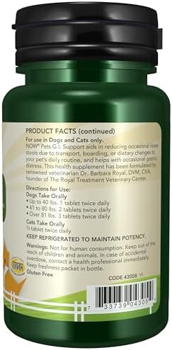 NOW Pet Health, G.I. Support Supplement, Formulated for Cats & Dogs, NASC Certified, 90 Chewable Tablets