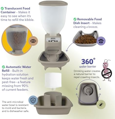Feeding Friend® Automatic Dog & Cat Food Feeder with Water Dispenser, Smart Pet Feeder with Portion Control, OLED Display, Anti-Jam Design, Battery Operated, Medium Pets 15–30 lbs, Taupe