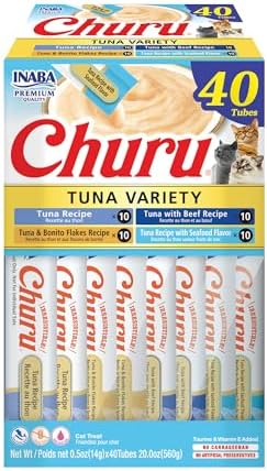 INABA Churu Cat Treats, Lickable, Squeezable Creamy Purée Cat Treat with Green Tea Extract & Taurine, 0.5 Ounces Each Tube, 40 Tubes, Tuna Variety Box