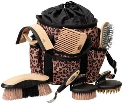 Weaver Equine Horse Grooming Kit, 7-Piece Horse Brush Set with Organizer Tote Bag, Hoof Pick, Comb, Sweat Scraper, Equine Tools for Daily Grooming, Leopard