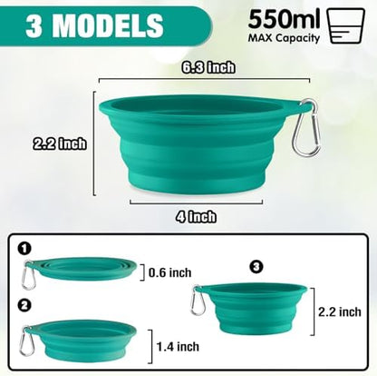 Rest-Eazzzy 2-Pack Silicone Collapsible Dog Bowls, BPA Free Dishwasher Safe, Portable Foldable Travel Bowl, Food Water Feeding Cup Dish for Dogs Cats with 2 Carabiners (Green, Blue, 550 ML)