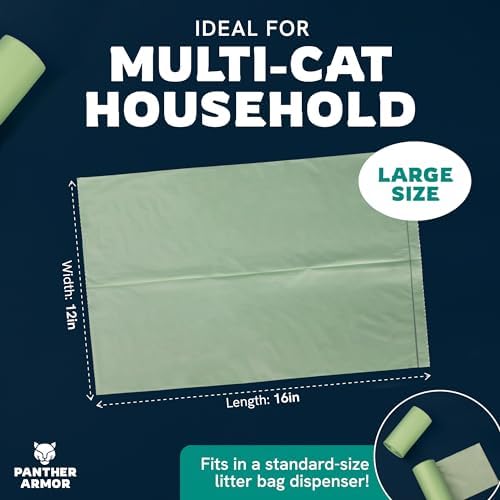 Panther Armor Cat Litter Bags, 100 Large Compostable Unscented Poop Bags -16x12in Super Large Kitty - Leak Proof Box Trash - Odor Proof Cat Disposal