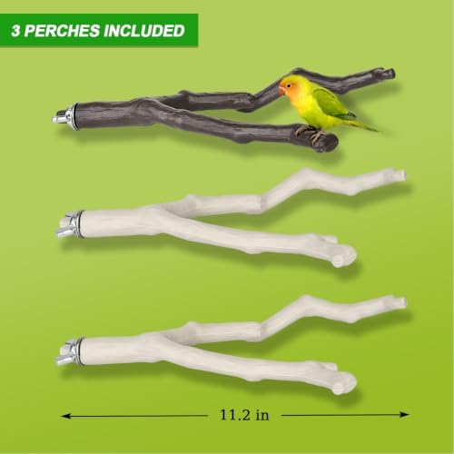 3 Pack Bird Perches for Cage, Bird Cage Accessories Branch Style Bird Stand with Mounting Hardware, Textured Climbing Perches for Budgie Cockatiels Finches Small Birds Plastic