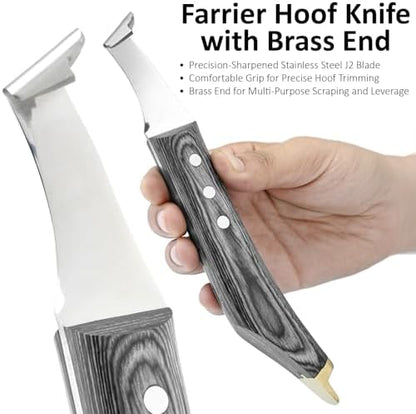 Premium Farrier Loop & Hoof Knife with Brass End – Professional Hoof Trimming Tool for Horses, Cows & Livestock, Stainless Steel Blade, Ergonomic Wood Handle (Black)