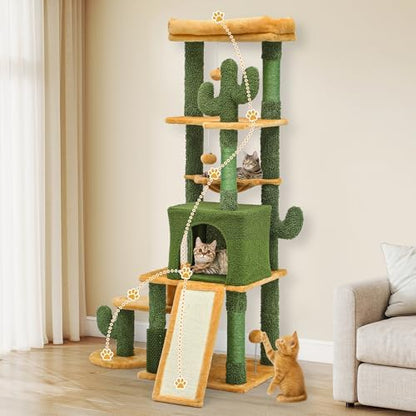 DWVO Cactus Cat Tree for Large Cats: 60" Tall with Self-Grooming Brush, Cute Kitten Climbing Tower for Indoor Kittens with Cat Condo, Top Perch, Basktet, Sisal Scratching Posts, Dangling Ball