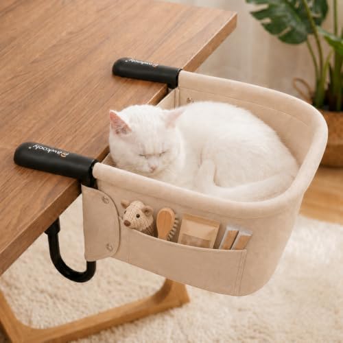 Heavy Duty Clamp-On Cat Desk Bed for Large Cats Up to 50 LBS | Desk Mount Cat Perch with Dual-Sided Detachable Mat & Side Storage Pockets, Tool-Free Install for Office & Gaming Desk(White)