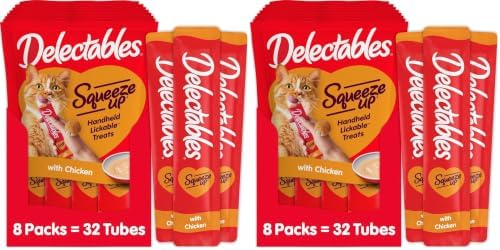 Delectables Squeeze Up Creamy Squeezable Puree, Lickable Wet Cat Treats, Grain Free, No Added Fillers, No By-Products, No Added Preservatives, 0.5 Ounces Tube Chicken Flavor, 32 Tubes Total