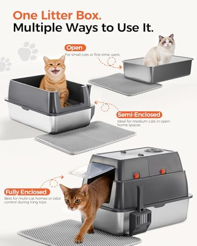GTPLAYER XXL Stainless Steel Cat Litter Box with Lid, High Sided Enclosed Cat Litter Box, Activated Carbon Odor Control, Extra Large Metal Litter Box, Anti-Leak, with Mat, Scoop & Stickers, Gray