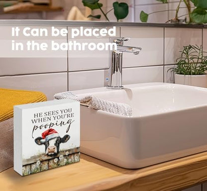 Christmas cows Home Bathroom Decor Sign - Farmhouse Western Christmas Animal Bathroom Decor,Rustic Farm Animal He Sees You When You're Pooping Signs,cows Gifts for Women