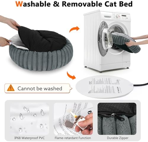 INVENHO Heated Cat Beds for Indoor Cats and Small Dogs, 24" Cozy Donut Heated Pet Bed with Timer & Temp Adjustable, Removable Waterproof Electric Warming Bed for Indoor Cat