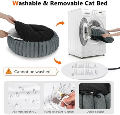 INVENHO Heated Cat Beds for Indoor Cats and Small Dogs, 24" Cozy Donut Heated Pet Bed with Timer & Temp Adjustable, Removable Waterproof Electric Warming Bed for Indoor Cat