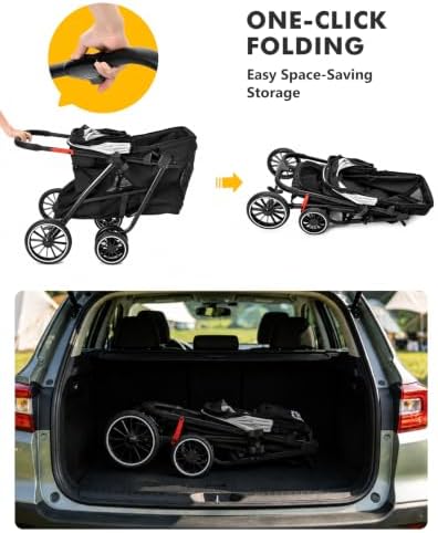 Dog Stroller for Medium Dogs, 4 Wheels Pet Stroller for 2 Small Dogs or 1 Medium Dogs, Cat Stroller Up to 80 lbs, Dual Entry Design, Foldable Design, Sun Shades, Breathable Mesh, Black