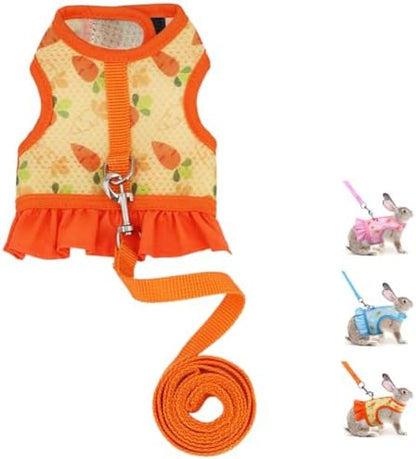 Rabbit Leash and Harness Set,Proof Walking Escape Cute Floral Mesh Vest Breathable Rabbit Costumes for Bunny, Hiking, Training for Ferret Kitten Puppy Small Animals Orange S