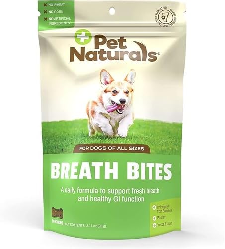 Pet Naturals Breath Bites for Dogs – Breath Freshener Chews, Spirulina, Parsley, and Mushroom Extract, Fights Bad Breath in Small to Large Dogs, Chicken Liver Flavor, 60 Count