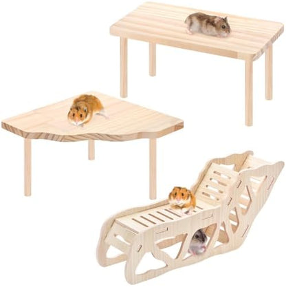 3-Piece Set Hamster Cage Accessories Wooden Hamster Platform Toys for Dwarf Syrian Hamsters Gerbils Other Small Pets