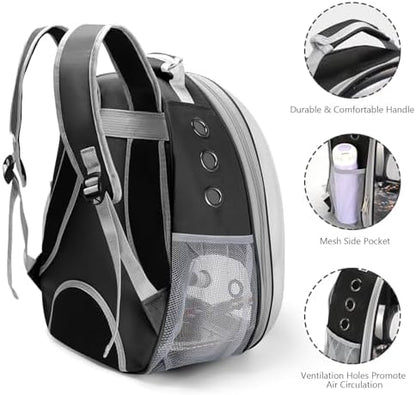 Bird Backpack Carrier, Travel Bird Cage for Small Medium Size Parrot Parakeet Budgies Cockatiel, Portable Clear Bubble Window Bag with Stainless Steel Tray Food Bowl Standing Perch (Black)