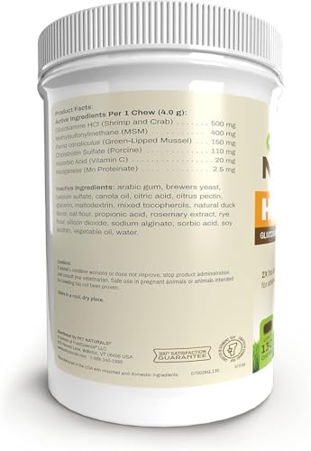 Pet Naturals Hip and Joint Pro Supplement with Glucosamine, Green-Lipped Mussel, and Chondroitin for Dogs, Duck Flavor, 130 Chews