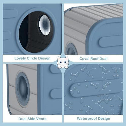 NUNU LAB Cat Litter Box Enclosure, Plastic Cat House Outdoor, Cats House for Indoor, Weatherproof Cat House, Camera Shaped Design, with Escape Door, for Small to Medium Cats (Blue)