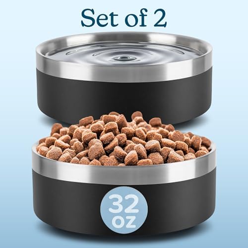 Set of 2 Stainless Steel Dog Bowls - 32oz/4 Cups Double Wall Insulated Food and Water Bowls for Dogs and Cats, Non Slip Metal Pet Dishes for Small-Medium Pets, Puppy Essentials by PETMAKER (Black)