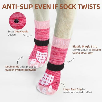 PUPTECK Anti-Slip Dog Socks with Double Sides Grips for Small Medium Large Dogs Hardwood Floors Prevents Licking, Dog Shoes for Hot Pavement Traction Control for Senior Dogs, Fuschia, M
